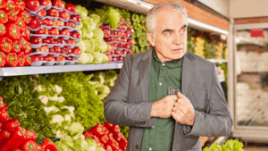 Photographie d'un homme quinquagénaire volant une boîte de raisins frais dans un rayon de fruits et légumes de supermarché/maraîcher
