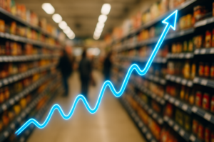 illustration d'une courbe de graphique, bleue, au premier plan. Au fond, l'intérieur d'un supermarché hors du focus de l'image