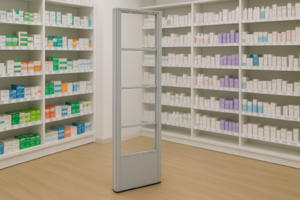 photographie packshot d'un portique antivol acoustomagnétique dans une pharmacie