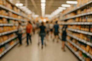 photo floue d'un rayon de supermarché avec des personnes arpentant les rayons.