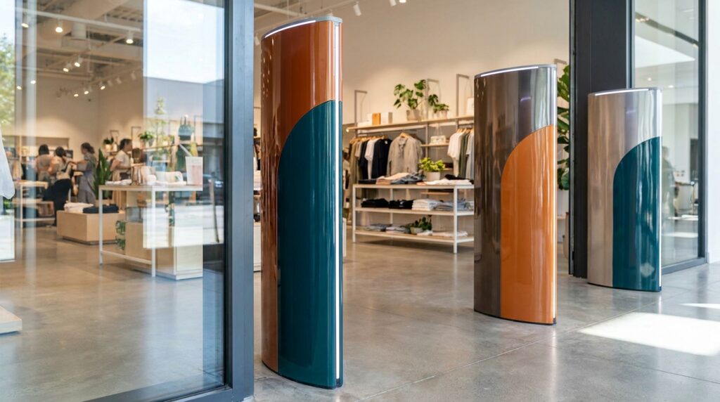 personnalisez vos portiques antivol aux couleurs de votre enseigne pour renforcer votre image de marque tout en sécurisant votre boutique de manière esthétique et efficace.